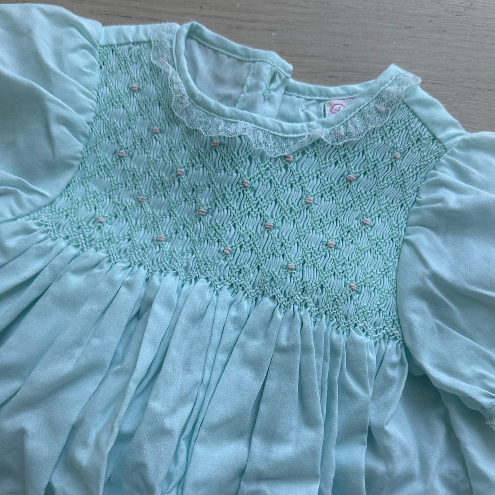 Petit Ami 3mo Smocked Baby Dress and Bloomers in Light Mint - Picture 2 of 5